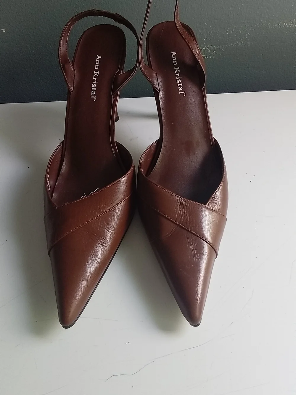 Ann Kristal Finesse Brown Leather Pointed Toe Slingback Stiletto Heels 11M